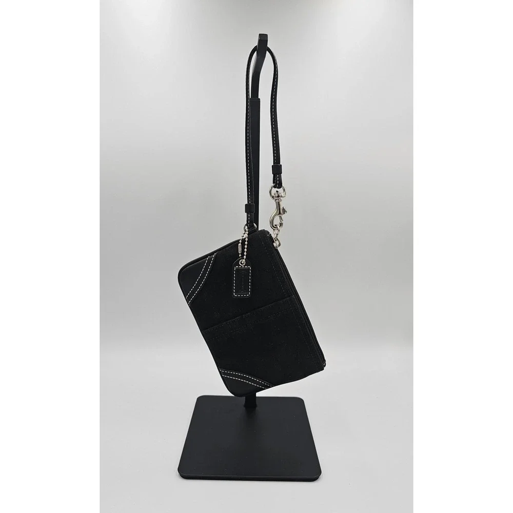COACH Mini Signature Jacquard Wristlet‎ Black Leather Trim Small Purse